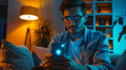 Poster - Stylish Young Man Holding Smartphone with Chroma Key Display Great for Mock-up. He is impressed by technology in a darkened living room.