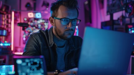 Poster - In the background, motherboards, circuit boards, and heavy industry robotic components are seen in the background of a professional electronic designer wearing glasses in a laboratory.