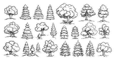 Sticker - Hand-Drawn Forest Tree Icons Set. Oak, Pine, Spruce, Maple, Shrubs, and Stones. Black and White Icons Isolated on White Background. Nature, Woodland, Wilderness, Flora, Botanical, Landscape