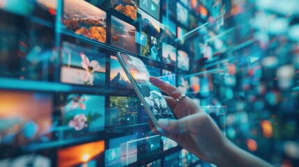 Poster - Macro shot of a user holding and using a smartphone, scrolling through pictures on a social network wall. Finger scrolling through Social Media App Feed with Travel, Animals, Food. Mock-up design of