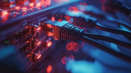 Poster - Telecommunications: RJ45 device connectors plugged into modem hubs. Close-up macro shot of Ethernet cables connected to router ports.