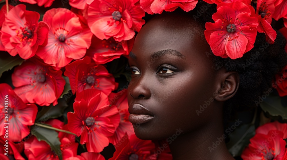 Portrait of a young African woman surrounded by vibrant red flowers ...