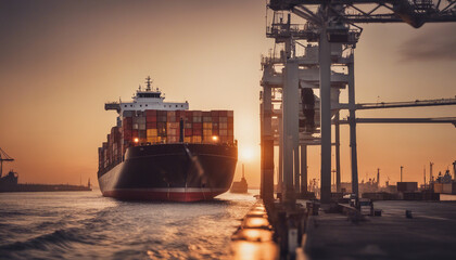 cargo ship unloading containers at the port, sunset.