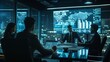 © Антон Сальников - A creative director presents company growth data with graphs on a digital interactive whiteboard in a corporate meeting room filled with executives, lawyers, and investors.