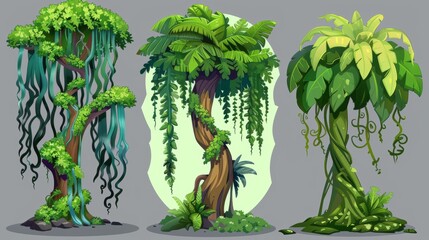 Wall Mural - A jungle with trees and lianas isolated on a transparent background. Modern cartoon illustration.