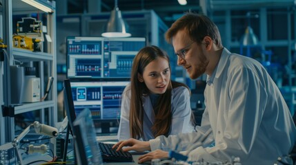 Poster - The male supervisor is talking to the female electrical engineer who works on a computer with CAD software, designing PCB, microchips, semiconductors, and telecommunications equipment.