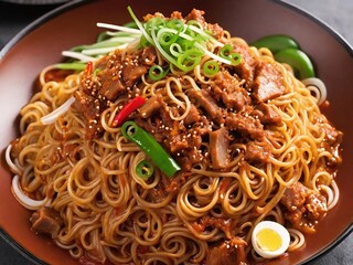 Poster - asian food noodles with vegetables and meat