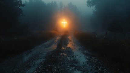 Wall Mural - A mysterious glowing cross at the end of a wet forest road in a foggy twilight setting.
