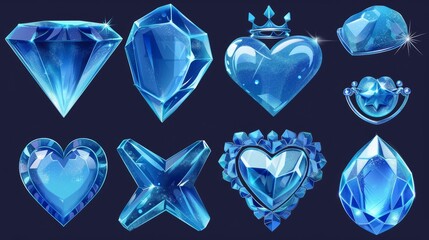 A set of blue shiny gems or stones like glass, ice, or rhinestone icons in abstract shapes, including stars, hearts, and crowns isolated from the background.