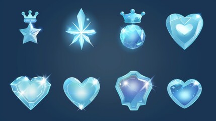 Poster - Modern cartoon set of blue shiny gems or stones of glass, ice or rhinestone isolated on white background. Abstract diamond crystals with a star, heart, and crown shape.