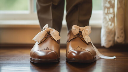 Wall Mural - Classic groom's wedding shoes with ribbon bows