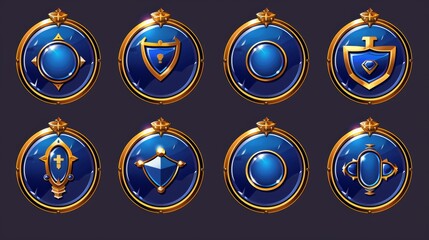 Poster - cartoon set of round icons with gold border in medieval style, circle award labels isolated on a blu