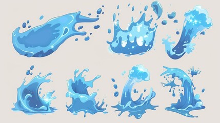 Poster - Cartoon ocean or sea stream with drops and splatters, fx storyboard Modern illustration. Cartoon blue ocean or sea stream with drops and splatters, vfx animation sprite sheet.