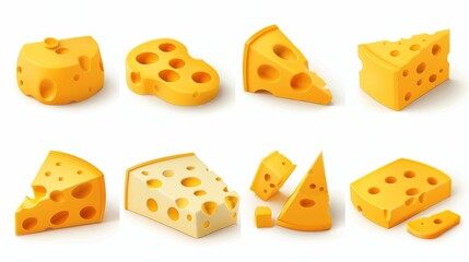 Wall Mural - The set of icons shows colorful cheese cubes, chunks, and thin square slices. There are holes in the cheese, Dutch or Swiss food, isolated on a white background.