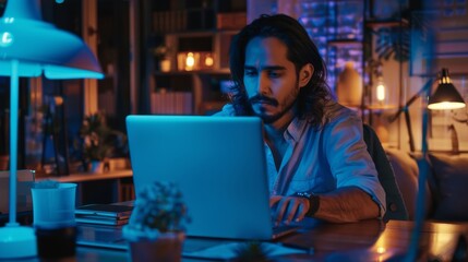 Poster - a handsome long-haired hispanic businessman works on his laptop in the office. he is developing a ne