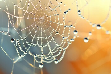 A macro, interplay of water droplets on a spider's web, resembling a fine lace veil. The background is intentionally blurred, emphasizing the intricate details of the web.
