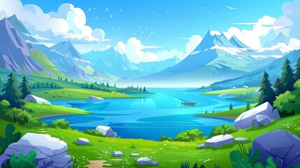 Wall Mural - An illustration of a summer landscape with a lake, green fields, and mountains. The landscape is framed by a river or sea strait with blue water and white rocks on the horizon.