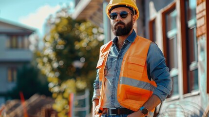 Poster - He wears a hard hat, shirt, jeans and yellow safety vest while standing outside in a construction site on a sunny bright day.