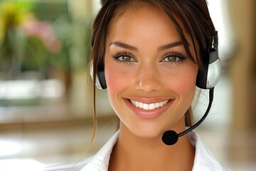 Poster - Stock image of a customer service woman with a proud smile, cheerfully answering calls
