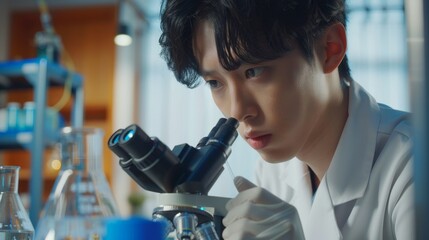 Poster - Photograph showing East Asian scientist examining a petri dish sample under a microscope. The laboratory specializes in medicine, biotechnology, microbiology, and drug development.