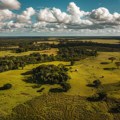 Wall Mural - the green, sunny plains below some clouds are shown in this aerial view