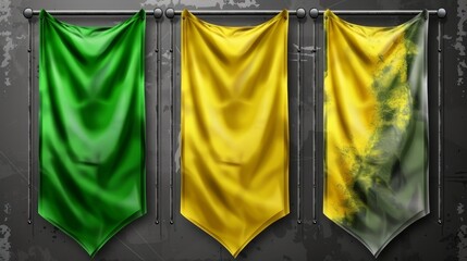 Poster - Modern realistic template of fabric promotion posters and advertising striped canvas pennants hanging on metal frame.