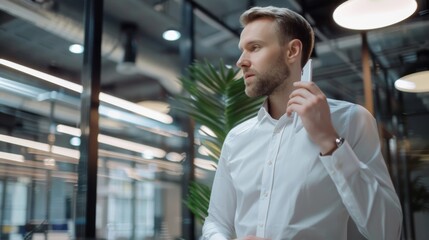 Poster - Caucasian Male Making a Phone Call while Standing in Meeting Room behind Glass Walls in a Creative Agency. Project Manager Discussing Business Strategy on Smartphone.