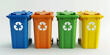 Set of colored recycling trash cans 3D rendering,Isolated recycle bins with colored symbols on white background

