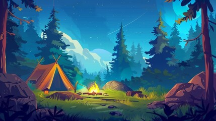 Wall Mural - Animated modern illustration of a deep forest with summer camp in the glade. The illustration includes trees and a tent, bonfire, backpack, lantern, and bowler.