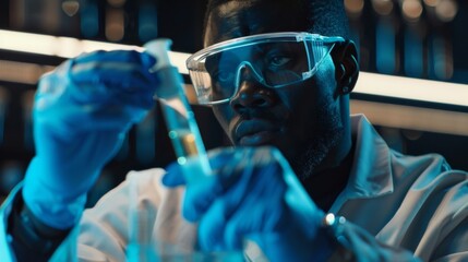 Poster - Male African American Scientist Mixing Chemicals in a Test Tube in a Lab Wearing Protective Goggles. Handsome Black Microbiologist Working in Modern Laboratory Using Technological Equipment.