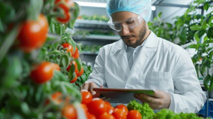 Poster - A male microbiologist is using a digital tablet computer in a modern food science lab working on a plant-based beef substitute for vegetarians.