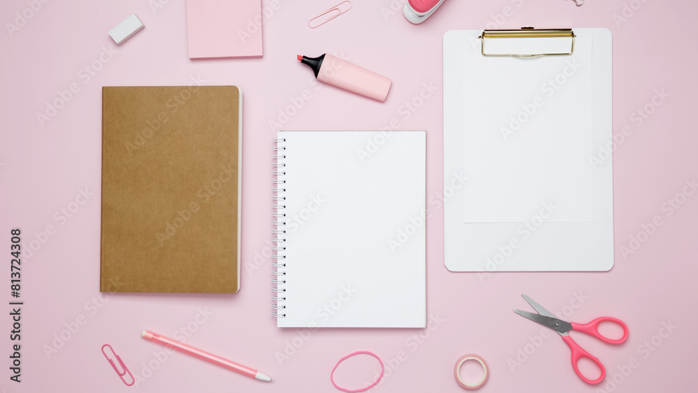 Creative flat lay mockup design of workspace. Top view composition with ...