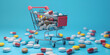 Medicine capsules medicinal pills shopping medicine Creative idea for health care,Shopping cart filled with pills Blue background Concept full set of medicines in the store

