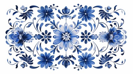 Blue and white tiles with Gzhel style ornaments. Mediterranean porcelain pottery isolated on white background