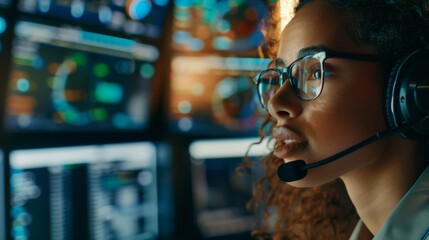 Poster - In a Monitoring Control Room with Big Digital Screens, a multiethnic female IT Technical Support Specialist is speaking to a client while wearing headphones and working on a desktop computer.