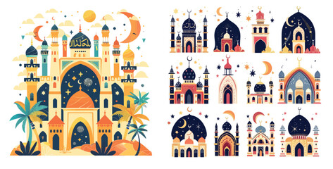 Wall Mural - An illustration set of Ramadan  Mubarak cards with Arabian mosque towers and moons. Religious holiday.