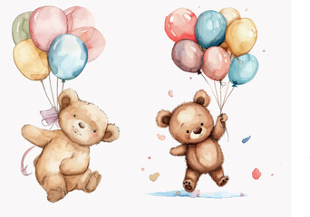 Wall Mural - Cute watercolor illustration of an adorable baby bear flying with balloons