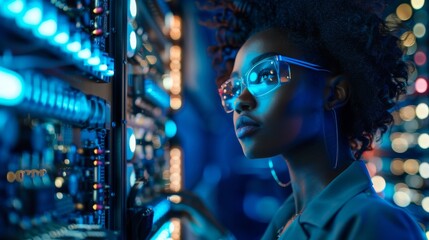 Poster - Scientist Designs Industrial PCB, Silicon Microchips, Semiconductors in Modern Electronics Research and Development Facility. A beautiful black woman inspects the printed circuit board motherboard.