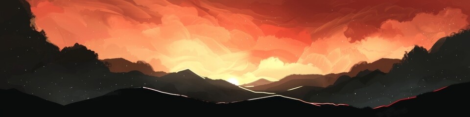 Banner for a website with a black and red landscape and fire