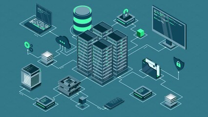 Fototapete - Isometric computer technology animation. Computation of big data center. Cloud computing. Online devices upload and download information. 4K video animated in isometric style