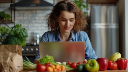 Poster - Stunning Caucasian female using a laptop computer for ordering delivery of fruit and vegetables. She is in her living room, working from home.