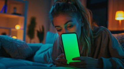 Poster - A gorgeous authentic female uses her smartphone with a green screen mock up display at home while lying on a couch. She is browsing the Internet and watching videos on social networks.