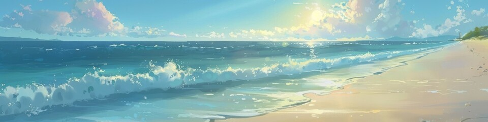 Blue ocean with waves, sandy beach and beautiful cloudy sky with sun. Landscape of sea nature from the anime series. Banner for advertising and websites.