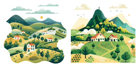 Poster - A village landscape. A country scene. Cloudy mountains and fields. A city town in the clouds.