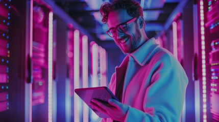 Wall Mural - A smiling IT Specialist uses a tablet computer in a data center. Another example of a big server farm cloud computing facility which is being managed by a male maintenance administrator. Cyber