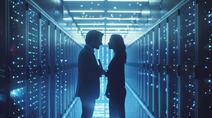 Poster - In a large server farm cloud computing facility, an Information Technology Professional and e-Commerce Manager talk on a laptop and use a device.
