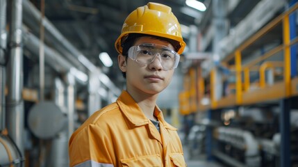 Poster - Confident Chinese Industrial Specialist in a Factory Facility Wearing Safety Uniform, Glasses, and Hard Hat. Professional Asian Heavy Industry Engineer Worker Portrait.