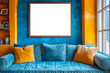 stylishly decorated interior space, featuring a colorful couch and image frame mock up