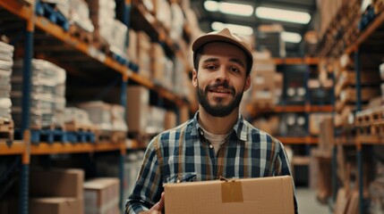 Poster - A handsome Latin male worker holds a cardboard box in the warehouse where goods are stored. The worker is a happy professional working in the logistics distribution center and delivering online