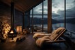 Warm and inviting cabin living room with modern fireplace, chaise lounge, and scenic lake vista at dusk